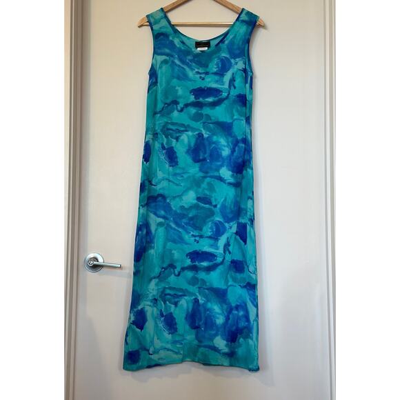 VTG '90s VERSIONS BY L Size 4 Blue Floral Paisley Abstract Sleeveless Midi Dress - Picture 1 of 6